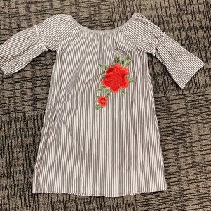 Striped off the shoulder dress w/ rose design
